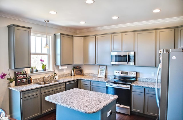 kitchen featuring stainless steel appliances, dark wood-type flooring, gray cabinets, and a sink