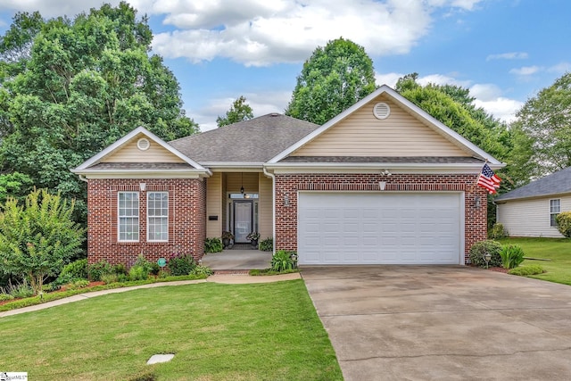 single story home with a garage, driveway, brick siding, roof with shingles, and a front yard