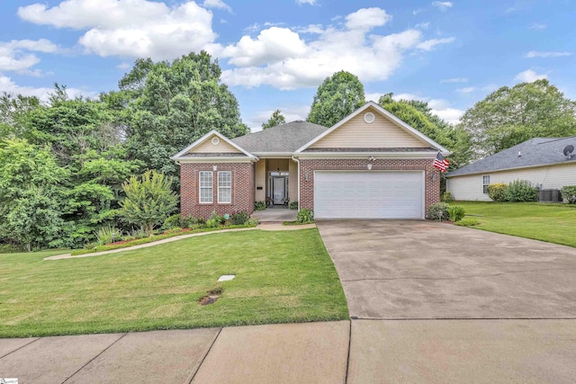 single story home featuring driveway, an attached garage, a front yard, central AC, and brick siding