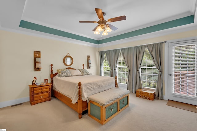 bedroom with access to exterior, visible vents, crown molding, and light colored carpet