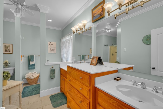 bathroom with a ceiling fan, ornamental molding, tile patterned floors, an enclosed shower, and vanity