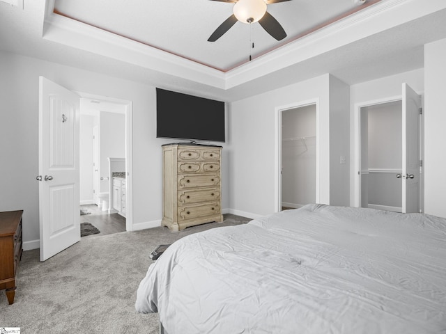 carpeted bedroom with ceiling fan, a raised ceiling, a walk in closet, and baseboards
