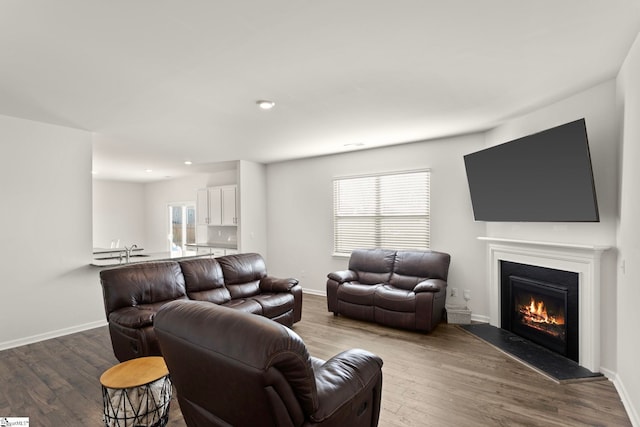 living area with a healthy amount of sunlight, a warm lit fireplace, and wood finished floors