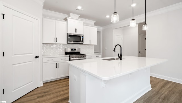 1807 Wabash Pl Lot 0507, Boiling Springs, SC 29316 - kitchen with appliances with stainless steel finishes, a sink, an island with sink, ornamental molding, and wood finished floors