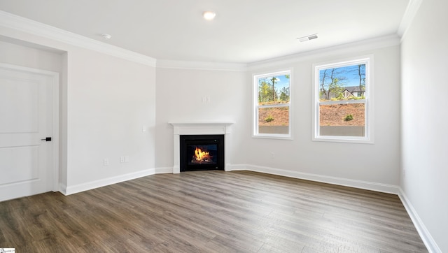 1807 Wabash Pl Lot 0507, Boiling Springs, SC 29316 - unfurnished living room featuring wood finished floors, a glass covered fireplace, baseboards, and ornamental molding