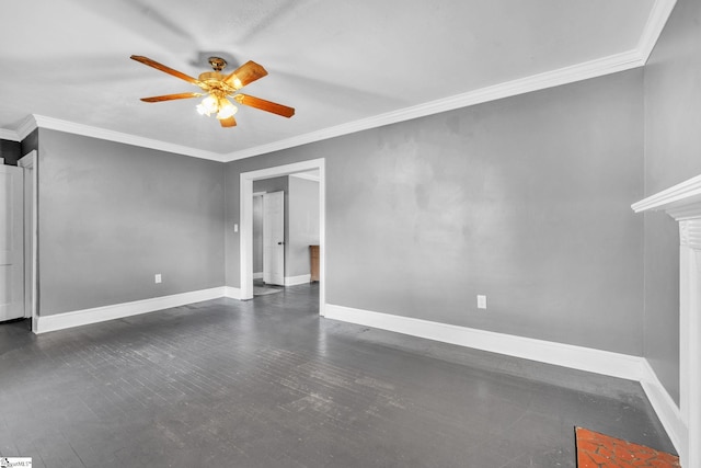 unfurnished living room featuring crown molding, a ceiling fan, and baseboards