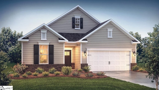 view of front of house with a garage, a front yard, concrete driveway, and brick siding