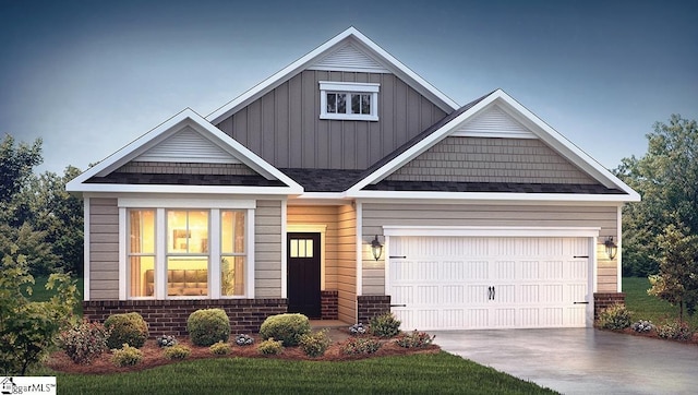 craftsman-style house with a garage, board and batten siding, concrete driveway, and brick siding