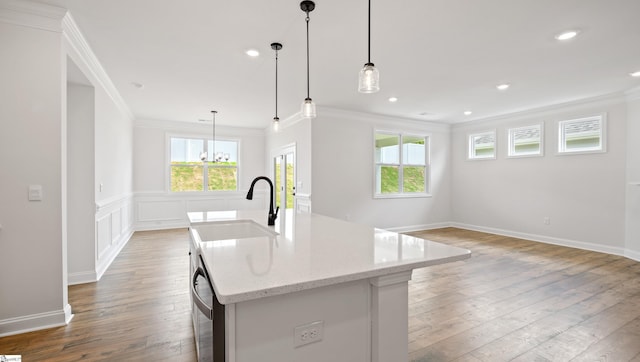 1791 Wabash Pl Lot 0511, Boiling Springs, SC 29316 - kitchen featuring crown molding, light wood-style flooring, a sink, an island with sink, and light stone countertops