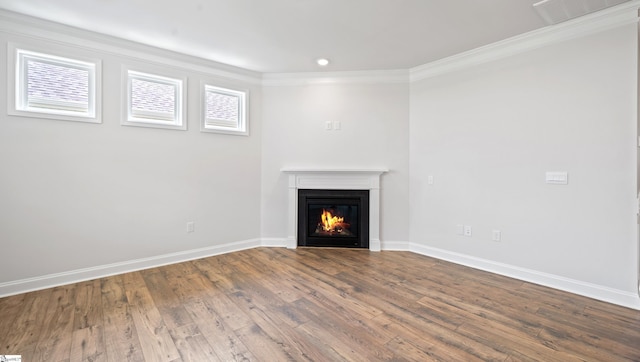 1791 Wabash Pl Lot 0511, Boiling Springs, SC 29316 - unfurnished living room with a glass covered fireplace, crown molding, baseboards, wood finished floors, and recessed lighting