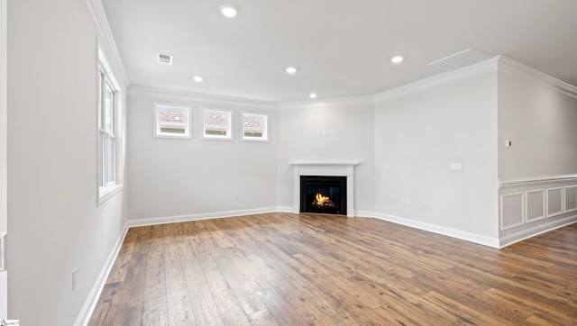 1791 Wabash Pl Lot 0511, Boiling Springs, SC 29316 - unfurnished living room with hardwood / wood-style flooring, a lit fireplace, crown molding, recessed lighting, and baseboards
