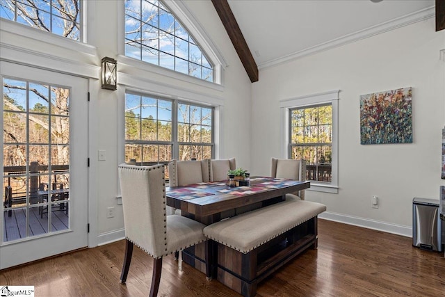 dining room featuring baseboards, high vaulted ceiling, dark wood-style flooring, and beamed ceiling