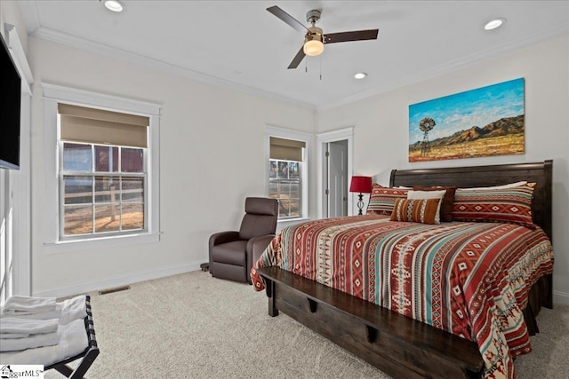 bedroom featuring recessed lighting, carpet flooring, crown molding, and baseboards