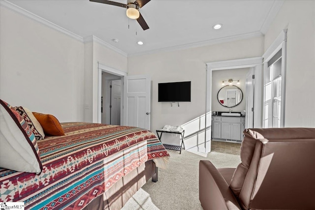 bedroom with ceiling fan, ornamental molding, carpet, and recessed lighting