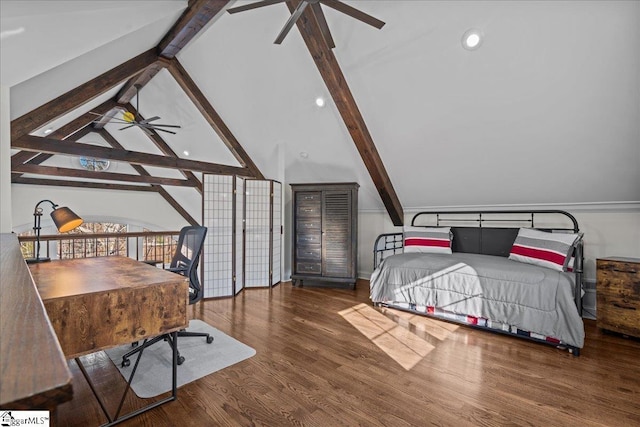 bedroom with high vaulted ceiling, wood finished floors, and beam ceiling