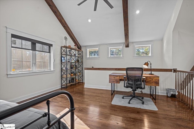 office space featuring vaulted ceiling with beams, recessed lighting, wood finished floors, and baseboards