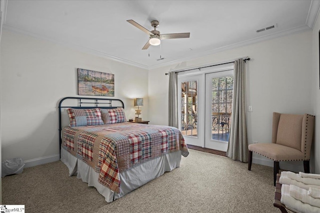 bedroom with access to outside, ornamental molding, visible vents, and light colored carpet