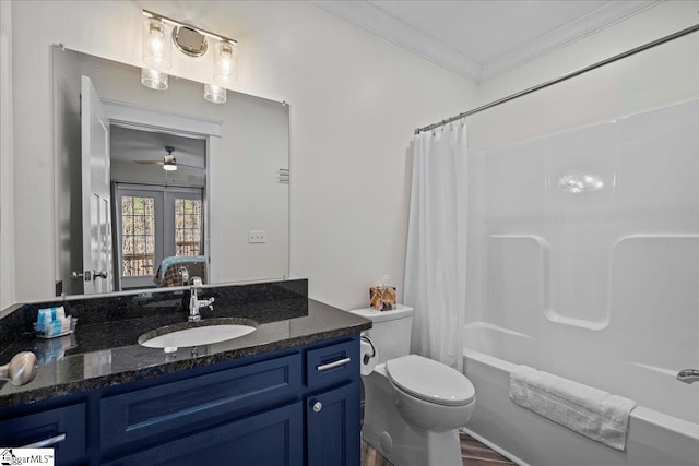 ensuite bathroom with shower / bathtub combination with curtain, toilet, ornamental molding, vanity, and ensuite bath