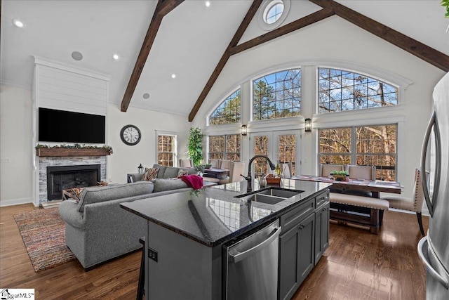 kitchen with appliances with stainless steel finishes, dark wood-style flooring, a fireplace, high vaulted ceiling, and a sink