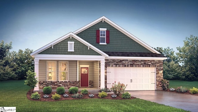 craftsman-style home featuring stone siding, concrete driveway, and a front yard