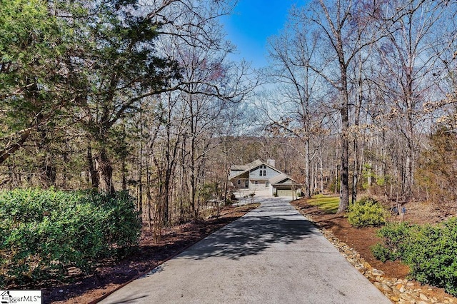 view of road featuring driveway and a forest view