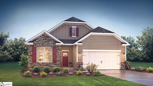 craftsman inspired home featuring concrete driveway, board and batten siding, a garage, stone siding, and a front lawn