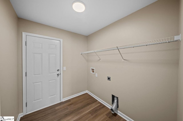 clothes washing area with laundry area, baseboards, dark wood-style flooring, washer hookup, and electric dryer hookup