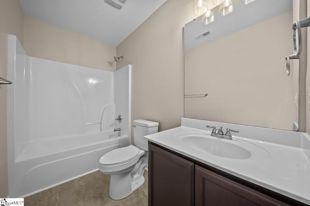 full bathroom featuring toilet, washtub / shower combination, vanity, and visible vents