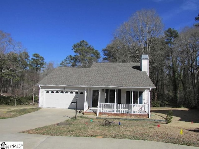 single story home featuring a garage, concrete driveway, a porch, and a shingled roof