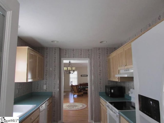 kitchen with wood finished floors, white appliances, under cabinet range hood, and wallpapered walls