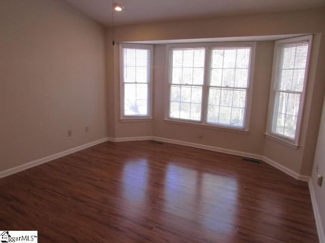 empty room with baseboards, dark wood-type flooring, and a wealth of natural light