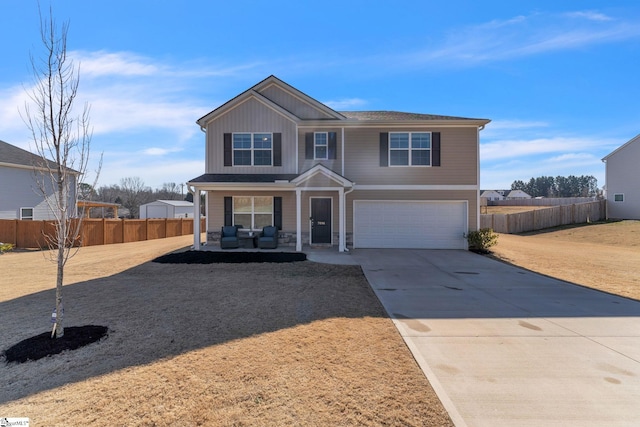 view of front of home featuring concrete driveway, a porch, an attached garage, and fence