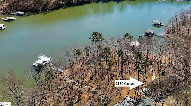 aerial view featuring a water view