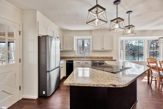 kitchen featuring appliances with stainless steel finishes, dark wood-style flooring, a sink, and white cabinets