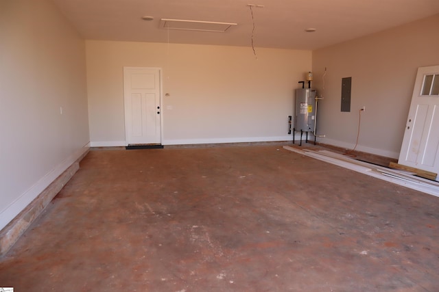 garage featuring water heater, electric panel, and baseboards