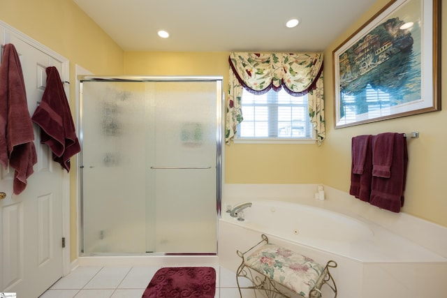 full bathroom featuring a stall shower, recessed lighting, a bath, and tile patterned floors