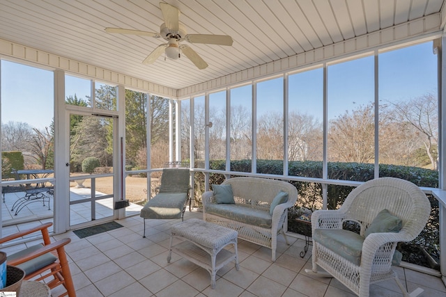 sunroom with wood ceiling, a ceiling fan, and a healthy amount of sunlight