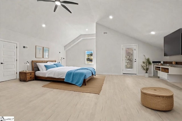 bedroom featuring baseboards, a ceiling fan, lofted ceiling, light wood-style floors, and recessed lighting