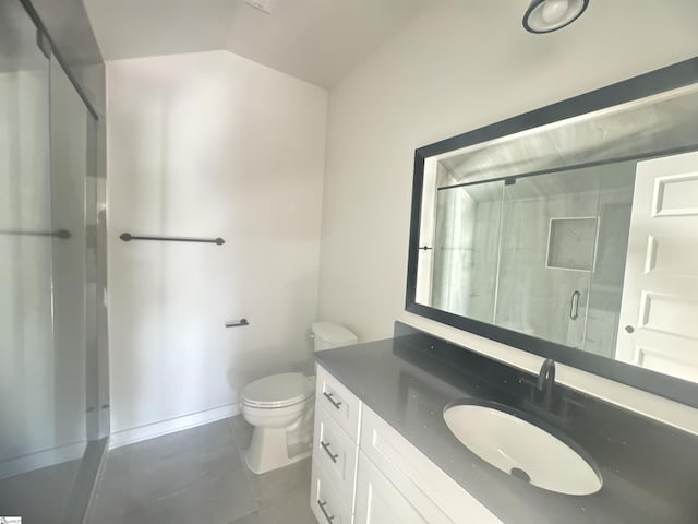 full bathroom with a stall shower, lofted ceiling, toilet, tile patterned floors, and vanity