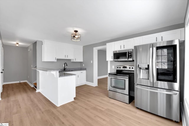 kitchen featuring a peninsula, a sink, white cabinets, appliances with stainless steel finishes, and light wood finished floors