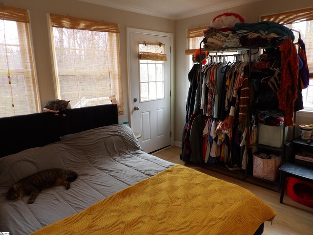 bedroom featuring a closet and crown molding