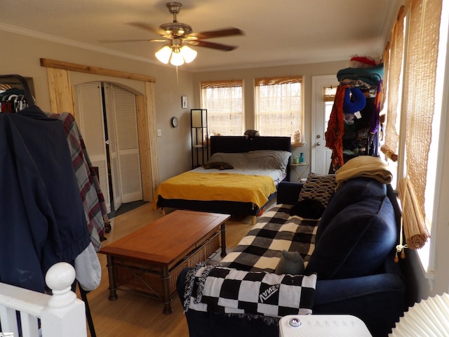 bedroom featuring ceiling fan, a closet, wood finished floors, and crown molding