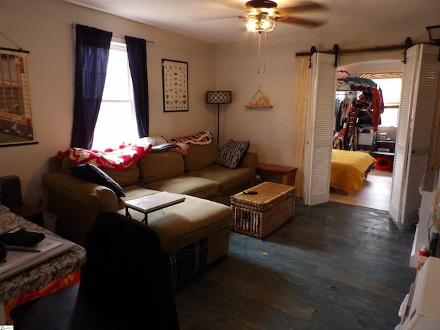 living area with a ceiling fan, a wealth of natural light, and wood finished floors