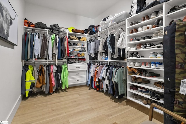 walk in closet with wood finished floors