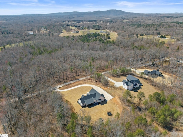 drone / aerial view with a mountain view and a view of trees