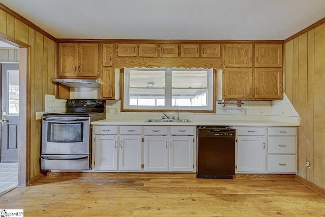 kitchen featuring black dishwasher, stainless steel electric range oven, light wood-style flooring, a sink, and under cabinet range hood