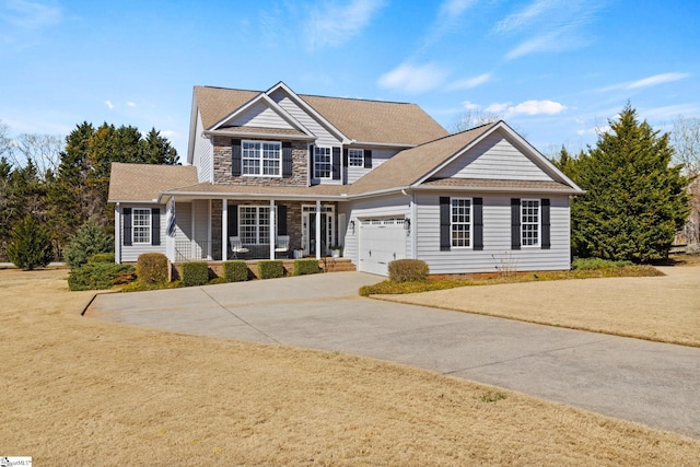 view of front of home featuring covered porch, concrete driveway, stone siding, and an attached garage