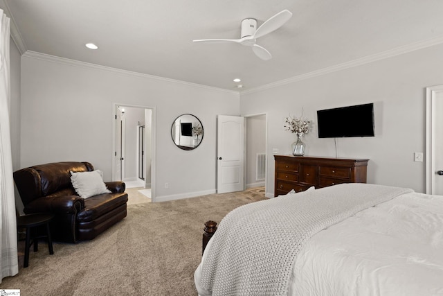 bedroom with ornamental molding, light carpet, visible vents, and baseboards