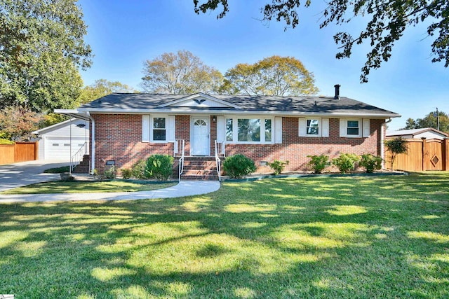 ranch-style home featuring a front lawn, fence, and brick siding