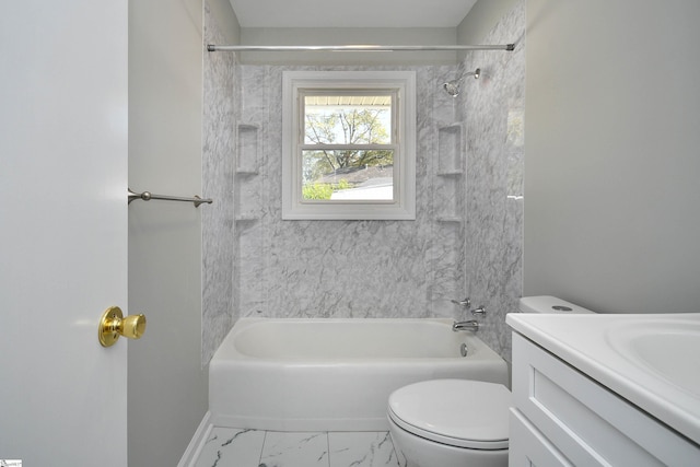 full bathroom with marble finish floor, shower / washtub combination, vanity, and toilet